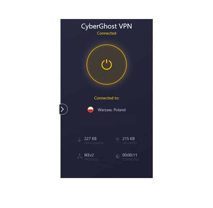 Ekran połączenia z Cyberghost VPN