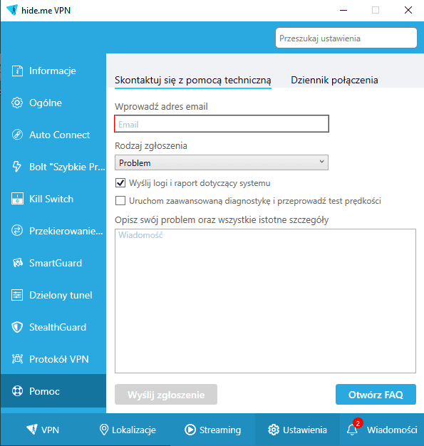 Pomoc techniczna - kontakt z hide.me