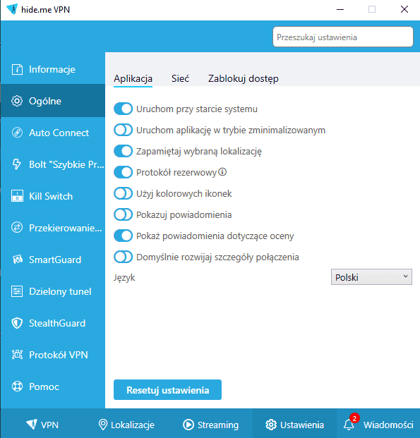 Ustawienia hide.me VPN an Windows