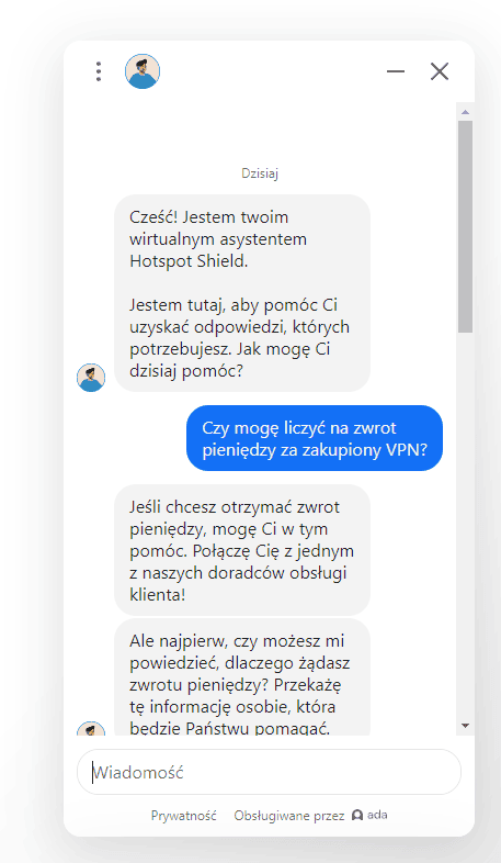 Czat z supportem Hotspot Shield