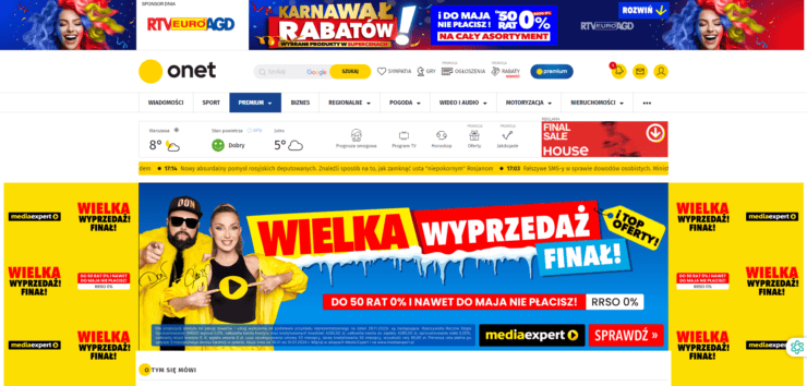 Onet.pl przed włączeniem blokady reklam w PIA