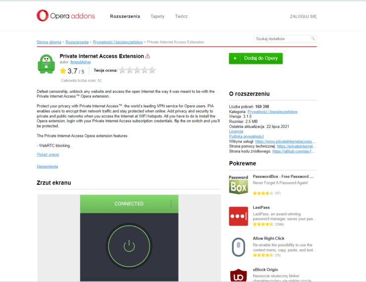 Private Internet Access w przeglądarce Opera