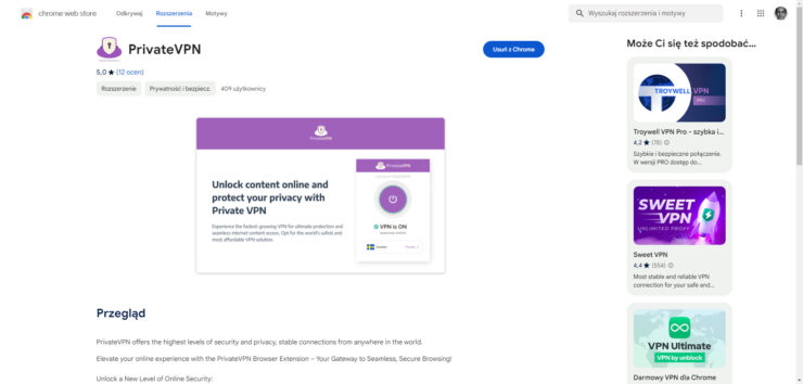 PrivateVPN jako rozszerzenie do Chrome