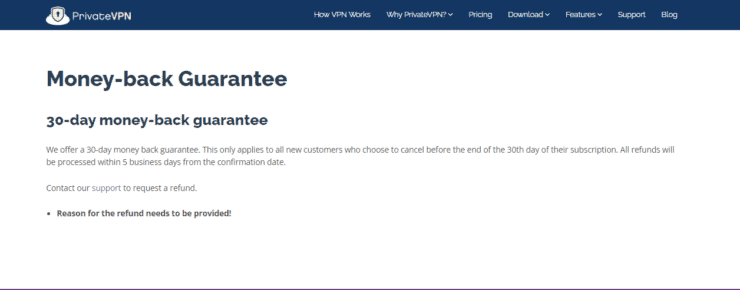 30-dniowa gwarancja zwrotu na stronach PrivateVPN