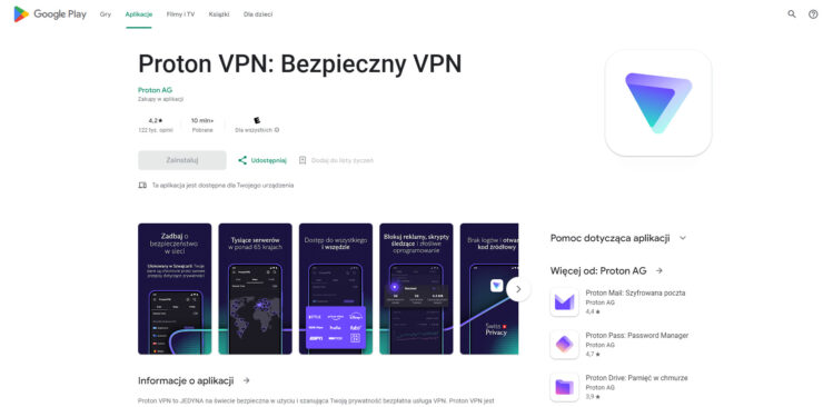 Proton VPN w Google Play