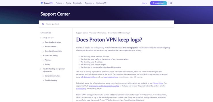 Informacja o logach od Proton VPN