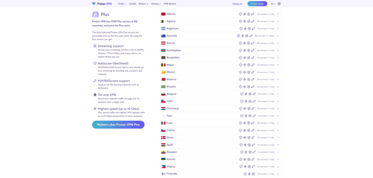 Lista serwerów VPN Proton Plus