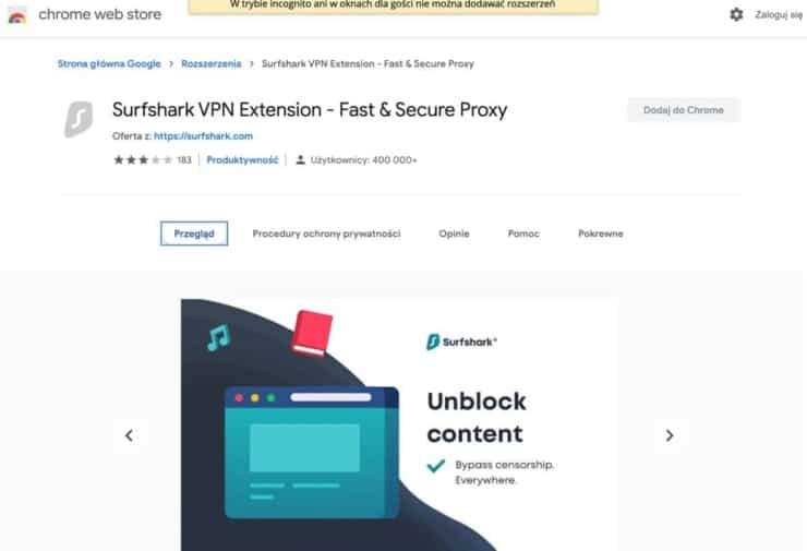 Surfshark VPN: dodatek do przeglądarki Chrome