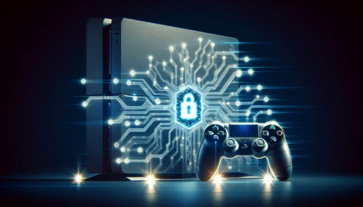 Ilustracja przedstawiająca konsolę PlayStation zabezpieczoną siecią VPN